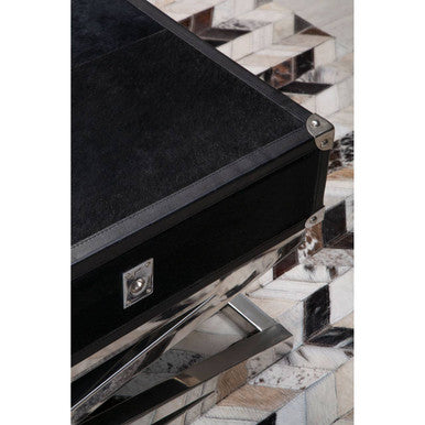 Black Hair-On-Hide Wood Top and Silver-Finished Frame Console Table with 2 Drawers, Kensington Townhouse