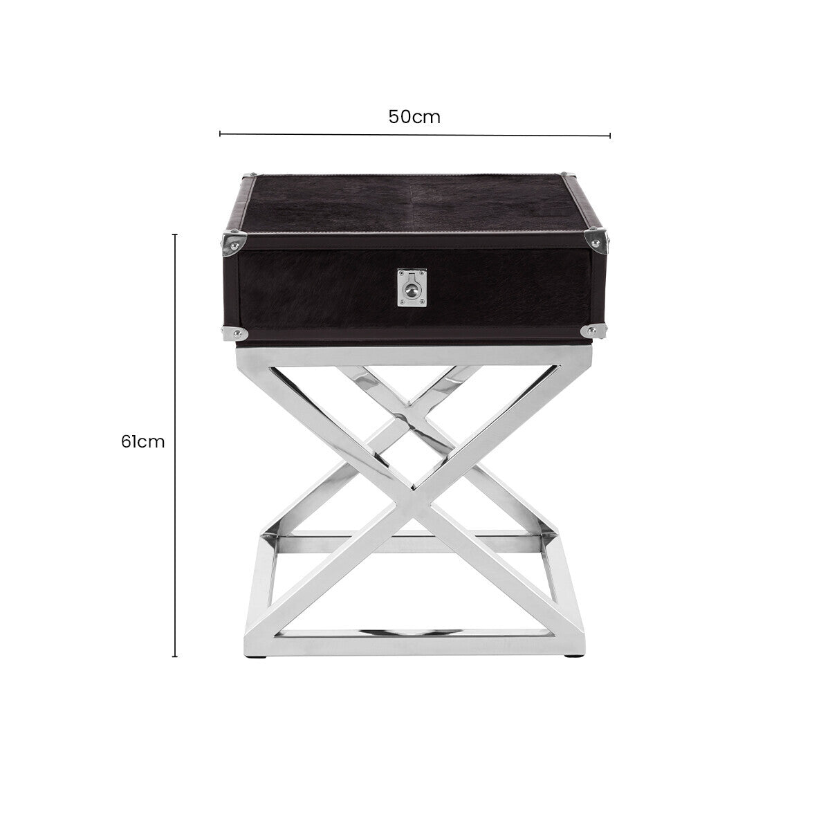 Black and Silver Hair-On-Leather Top 1-Drawer Side Table with Stainless Steel Legs, Kensington Townhouse