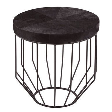Black and Silver Hair-On-Hide Top Round Side Table with Silver Frame, Kensington Townhouse