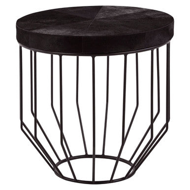 Black and Silver Hair-On-Hide Top Round Side Table with Silver Frame | Kensington Townhouse
