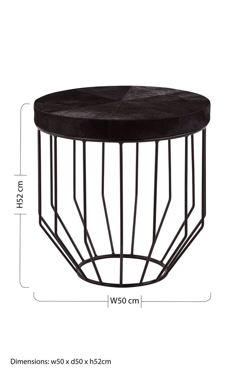 Black and Silver Hair-On-Hide Top Round Side Table with Silver Frame, Kensington Townhouse