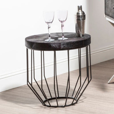 Black and Silver Hair-On-Hide Top Round Side Table with Silver Frame, Kensington Townhouse