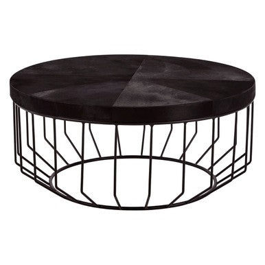 Black and Silver Hair-On-Hide Top Round Coffee Table with Black Frame, Kensington Townhouse