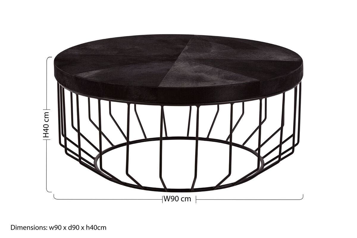 Black and Silver Hair-On-Hide Top Round Coffee Table with Black Frame | Kensington Townhouse