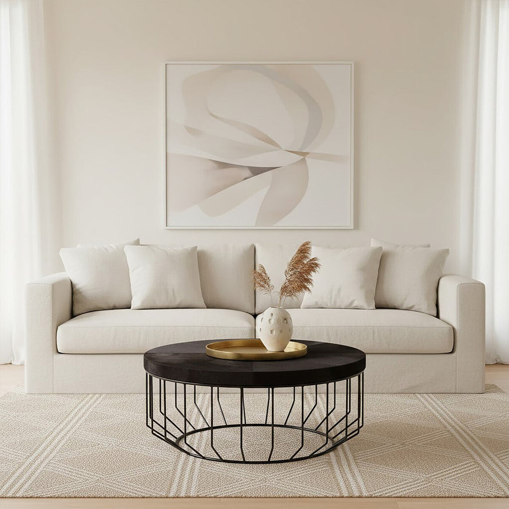 Black and Silver Hair-On-Hide Top Round Coffee Table with Black Frame | Kensington Townhouse