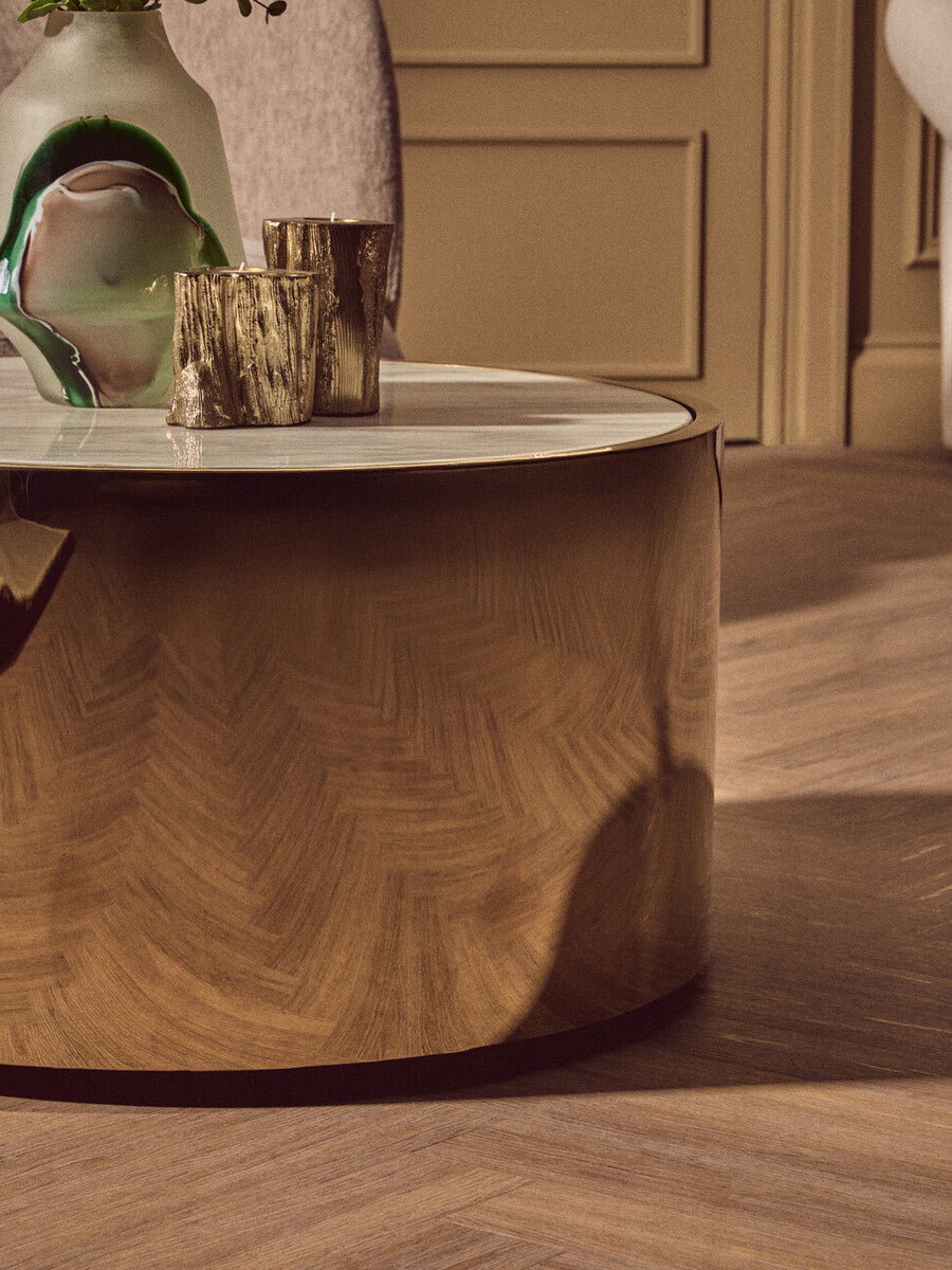 White Marble Effect Top Round Coffee Table with Gold Steel Frame, Carlox
