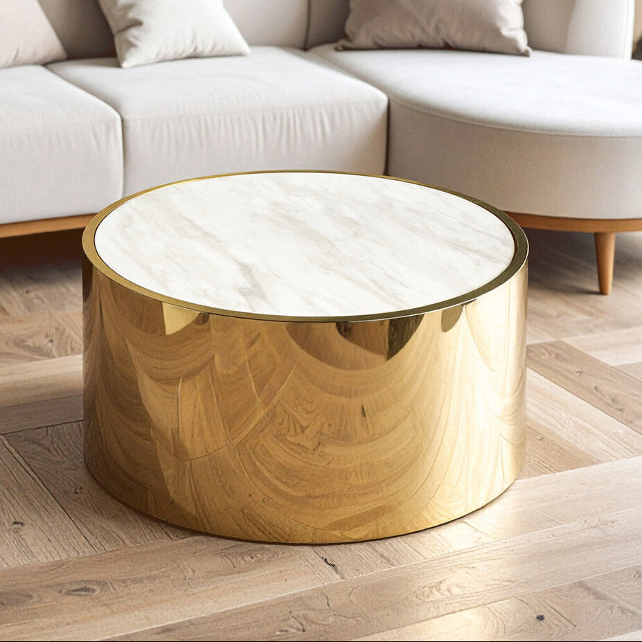 White Marble Effect Top Round Coffee Table with Gold Steel Frame, Carlox