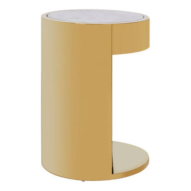 White Marble Effect Round Side Table with Gold Finish Metallic Base, Carlox