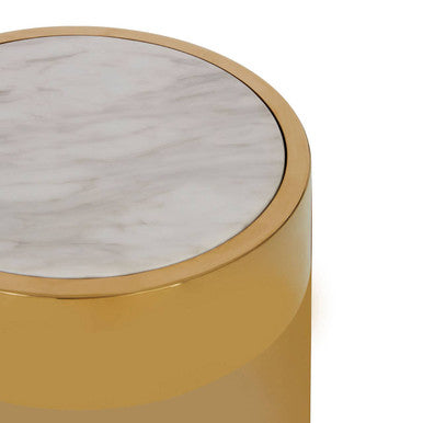 White Marble Effect Round Side Table with Gold Finish Metallic Base, Carlox