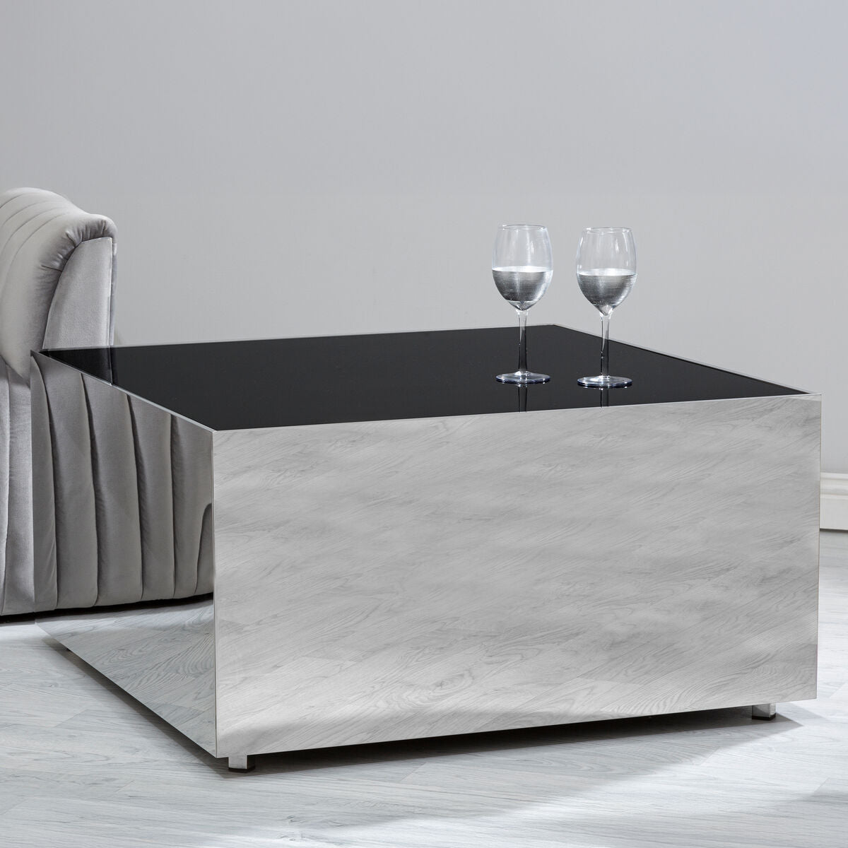 Black Tempered Glass Top Coffee Table with Silver Square Chrome Finish Frame, Carlox