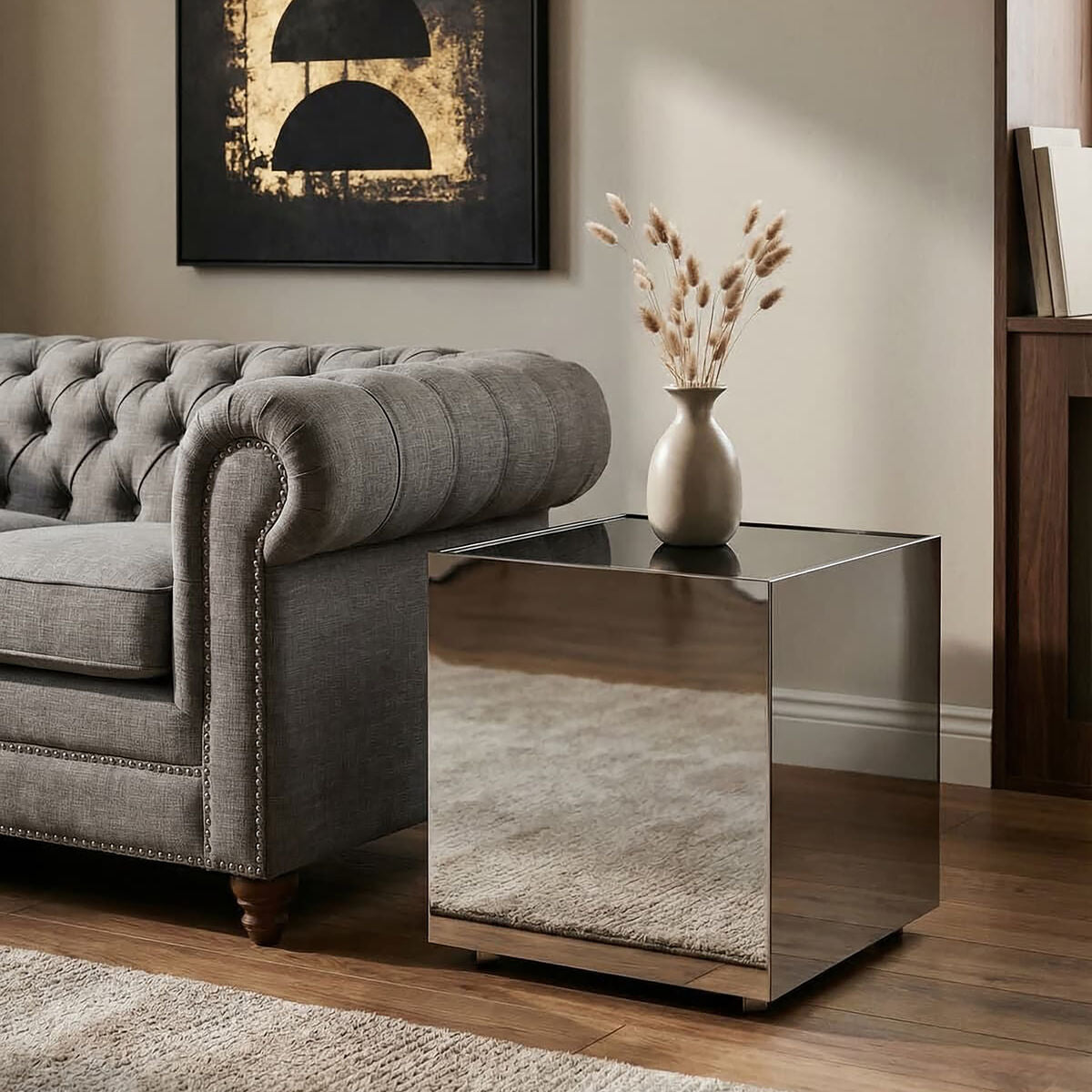 Black Tempered Glass Top Side Table with Silver Square Chrome Finish Frame, Carlox