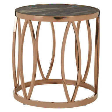 Gold Marble Top Round Side Table with Rose Gold Finish Leaf Base, Tula