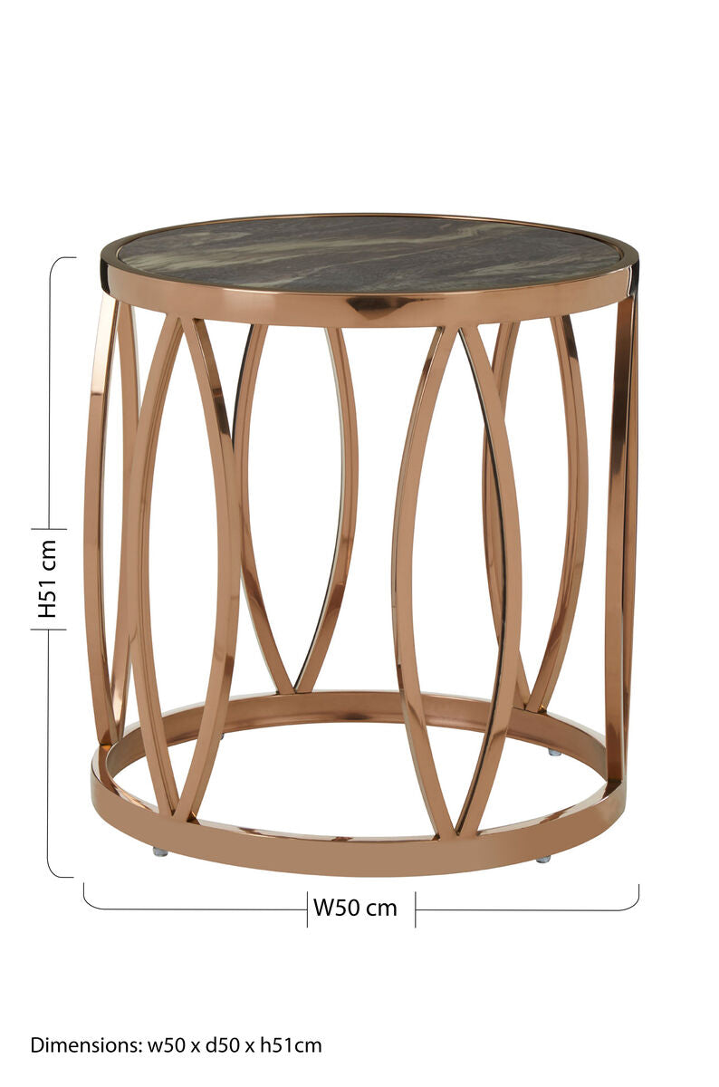 Gold Marble Top Round Side Table with Rose Gold Finish Leaf Base, Tula