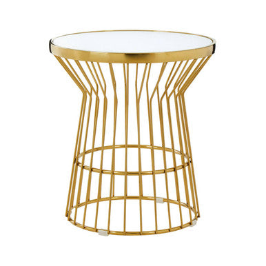 Gold Finish Corset Base Side Table with White Glass Top, Tula