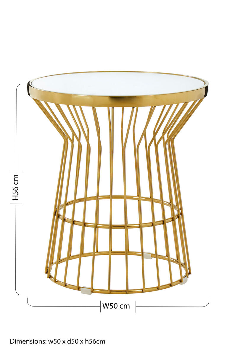 Gold Finish Corset Base Side Table with White Glass Top, Tula