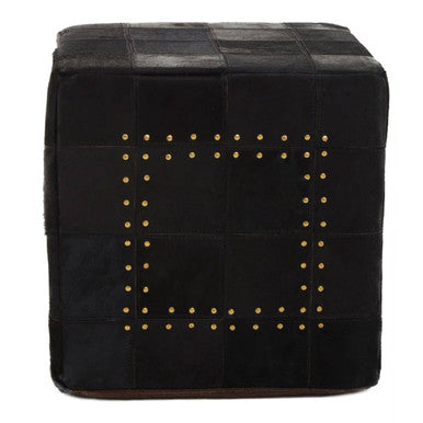 Safira Black Genuine Leather Pouffe with Stud Detail