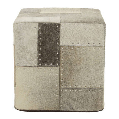Safira Grey Hair on Leather Pouffe with Geometric Patchwork