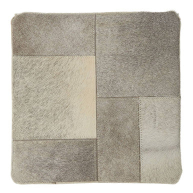 Safira Grey Hair on Leather Pouffe with Geometric Patchwork