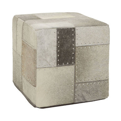Safira Grey Hair on Leather Pouffe with Geometric Patchwork