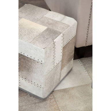 Safira Grey Hair on Leather Pouffe with Geometric Patchwork