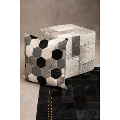 Safira Grey Hair on Leather Pouffe with Geometric Patchwork