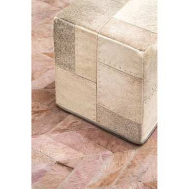 Safira Grey Hair on Leather Pouffe with Geometric Patchwork