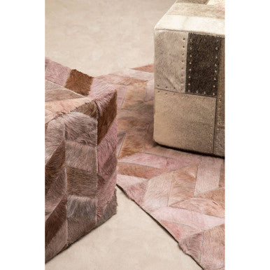 Safira Grey Hair on Leather Pouffe with Geometric Patchwork