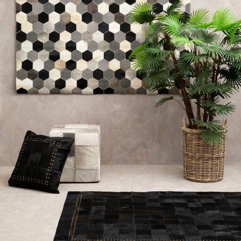 Safira Grey Hair on Leather Pouffe with Geometric Patchwork
