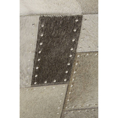 Safira Grey Hair on Leather Pouffe with Geometric Patchwork