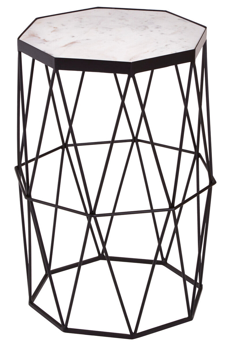 White Marble Top Octagonal Side Table with Black Finish Metal Base, Shalimar