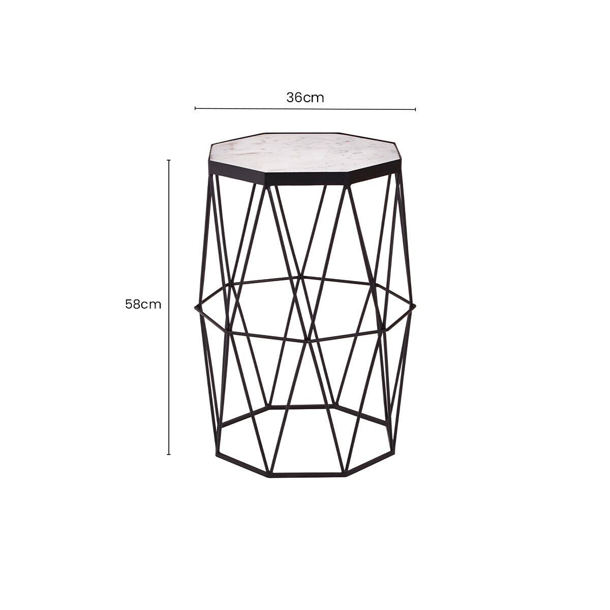 White Marble Top Octagonal Side Table with Black Finish Metal Base, Shalimar