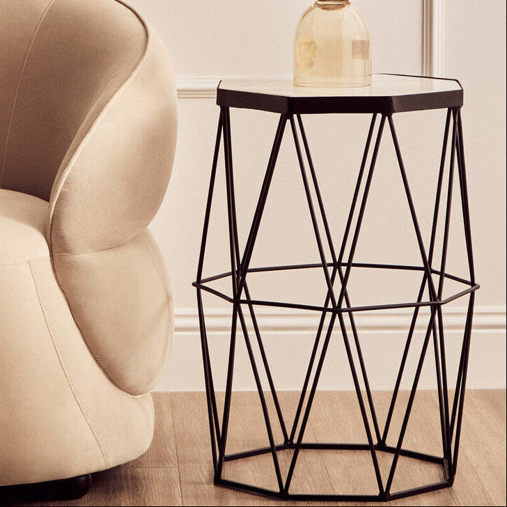 White Marble Top Octagonal Side Table with Black Finish Metal Base, Shalimar