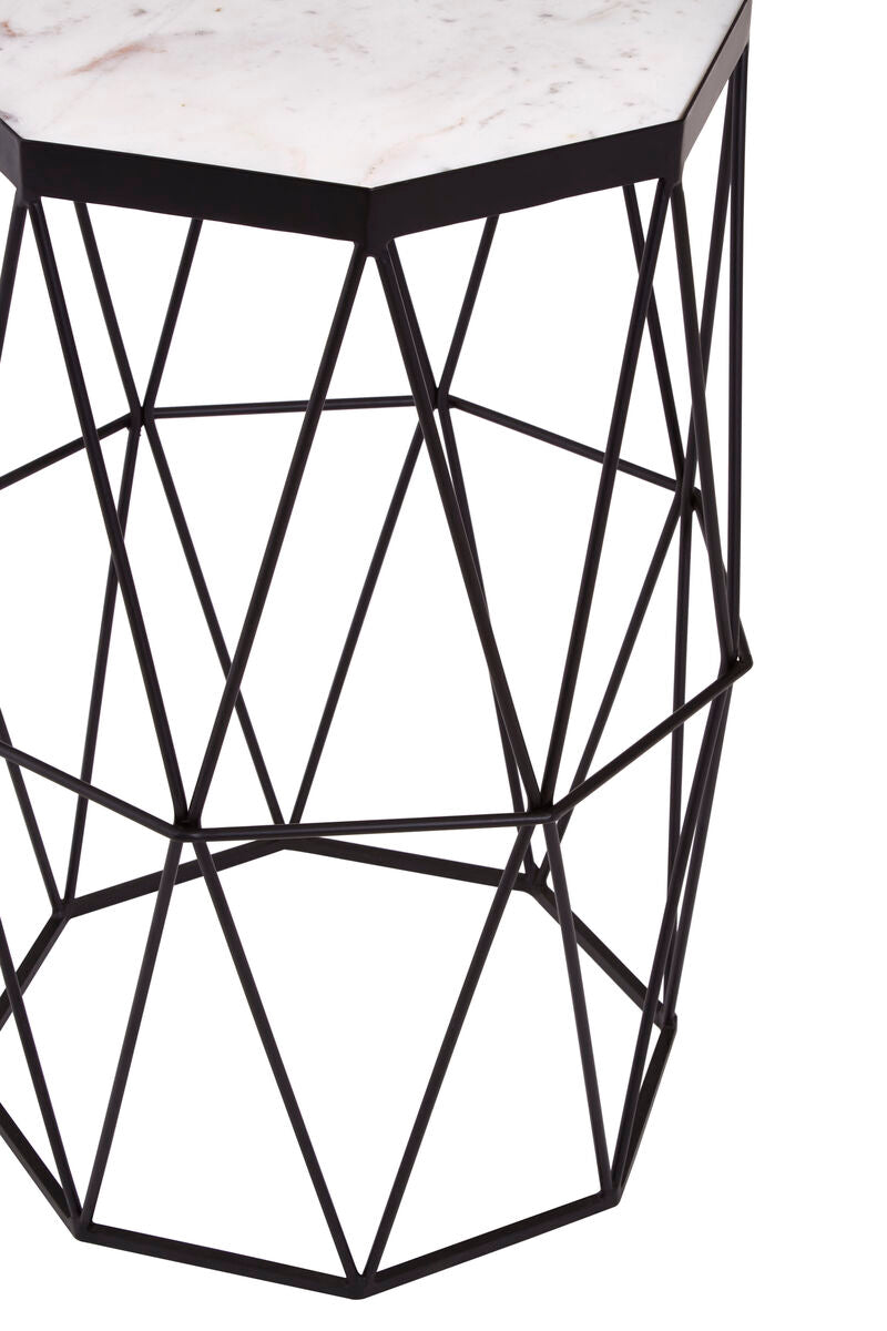 White Marble Top Octagonal Side Table with Black Finish Metal Base, Shalimar