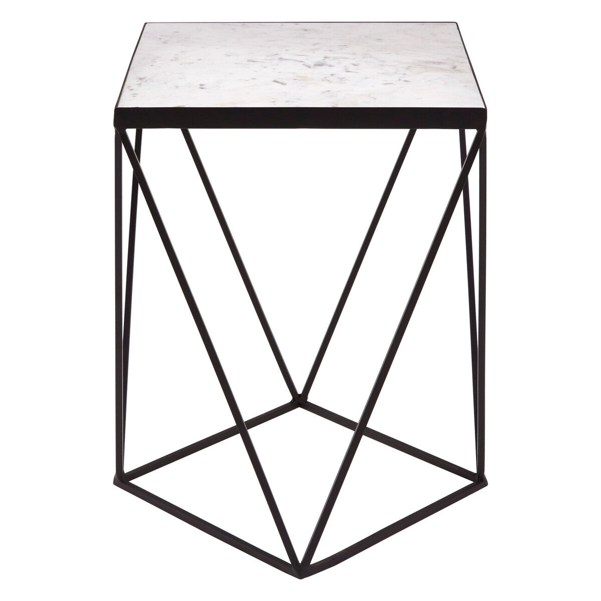 White Marble Top Square Side Table with Black Finish Metal Base, Shalimar