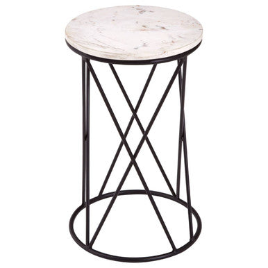White Marble Top Square Side Table with Black Cross Design Finish Metal Base, Shalimar