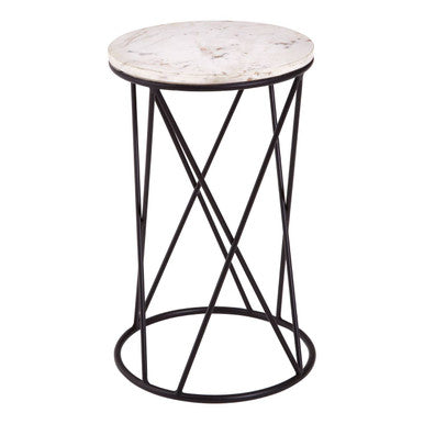 White Marble Top Square Side Table with Black Cross Design Finish Metal Base, Shalimar