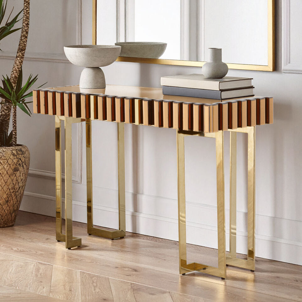 Gold Mirrored Top Console Table with 1 Storage Drawer and Gold Polished Stainless Steel Frame, Rivoli
