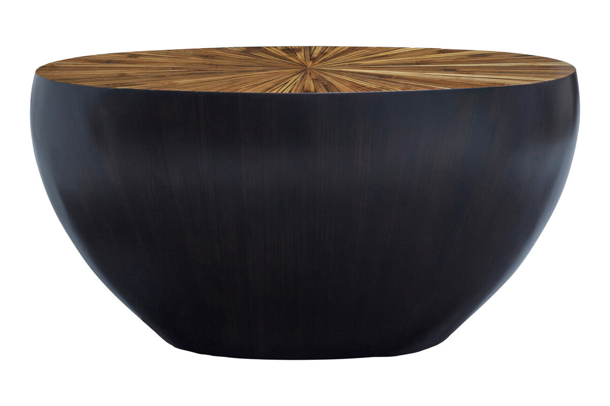 Natural Starburst Patterned Wood Top Round Ebony Console Table with Grey Bamboo Base, Gabo