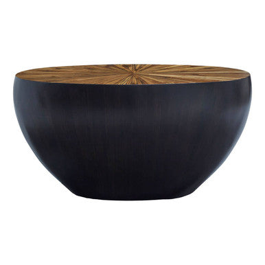 Natural Starburst Patterned Wood Top Round Ebony Console Table with Grey Bamboo Base, Gabo