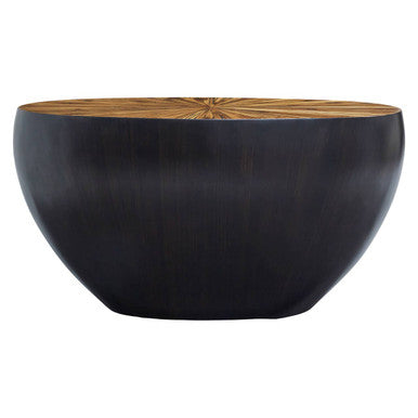 Natural Starburst Patterned Wood Top Round Ebony Console Table with Grey Bamboo Base, Gabo