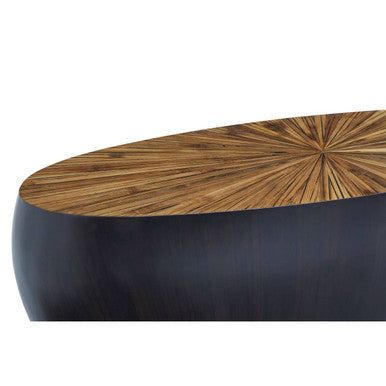 Natural Starburst Patterned Wood Top Round Ebony Console Table with Grey Bamboo Base, Gabo