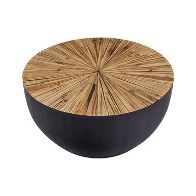 Natural Starburst Patterned Wood Top Round Ebony Small Console Table with Grey Bamboo Base, Gabo