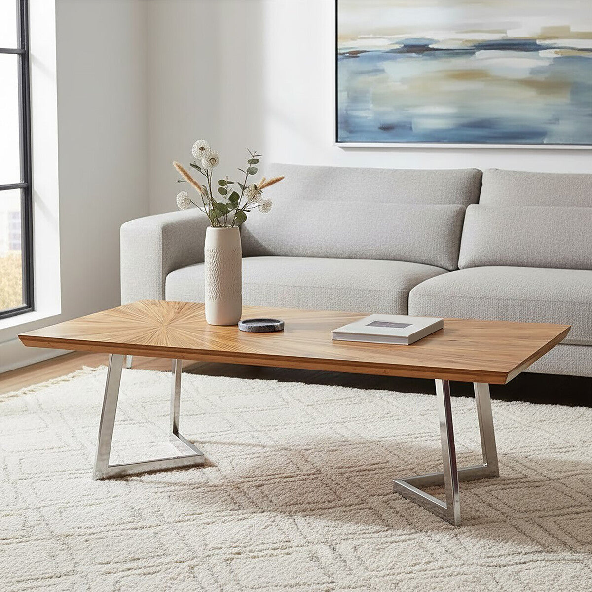 Natural Textured Bamboo Top Coffee Table with Silver Stainless Steel Frame, Gabar