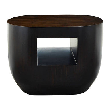 Black Oval Ebony Bamboo Side Table with Curved Edges and Undershelf Storage, Gabelle