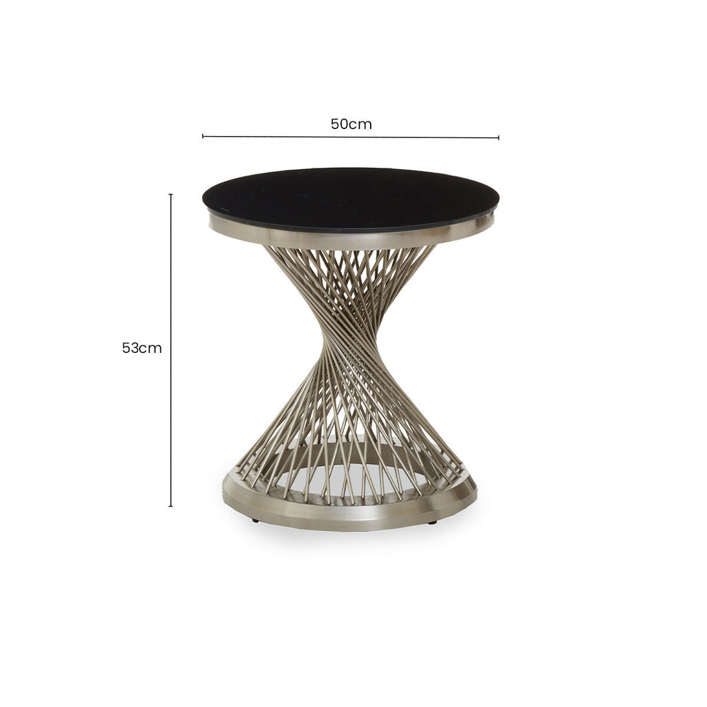 Anzio Black Glass Round Side Table with Silver Hourglass Base