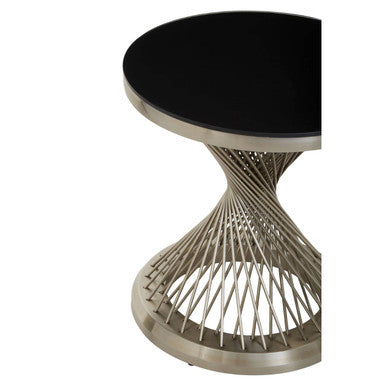 Anzio Black Glass Round Side Table with Silver Hourglass Base