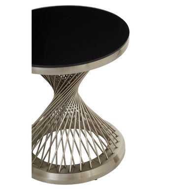 Anzio Black Glass Round Side Table with Silver Hourglass Base