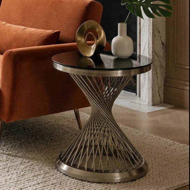 Anzio Black Glass Round Side Table with Silver Hourglass Base