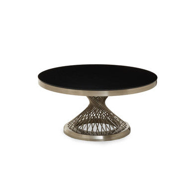 Anzio Black Glass Round Coffee Table with Silver Hourglass Base
