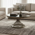 Anzio Black Glass Round Coffee Table with Silver Hourglass Base